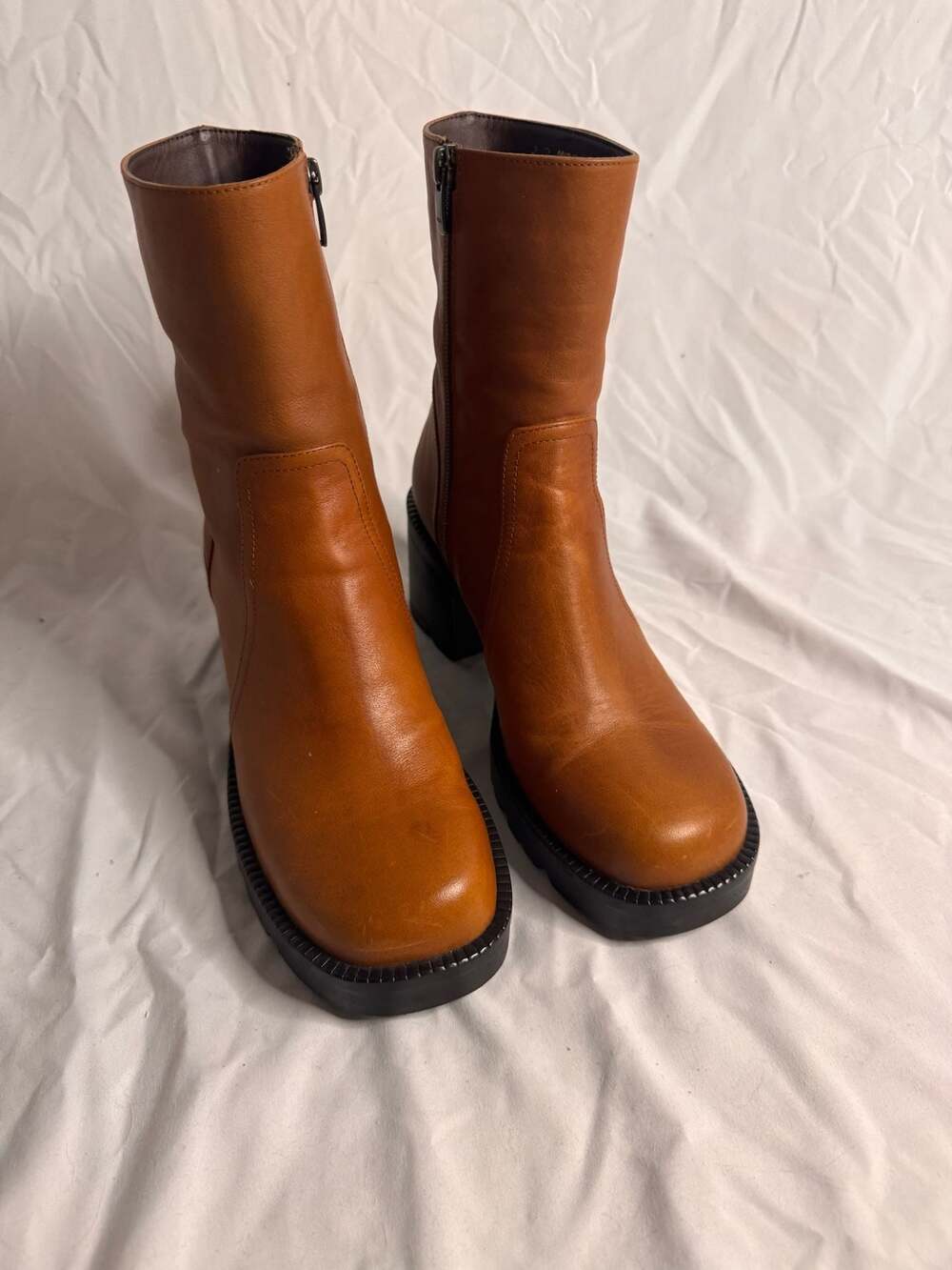 Steve Madden Naya Tan Leather Block Heel Ankle Boots Size 38